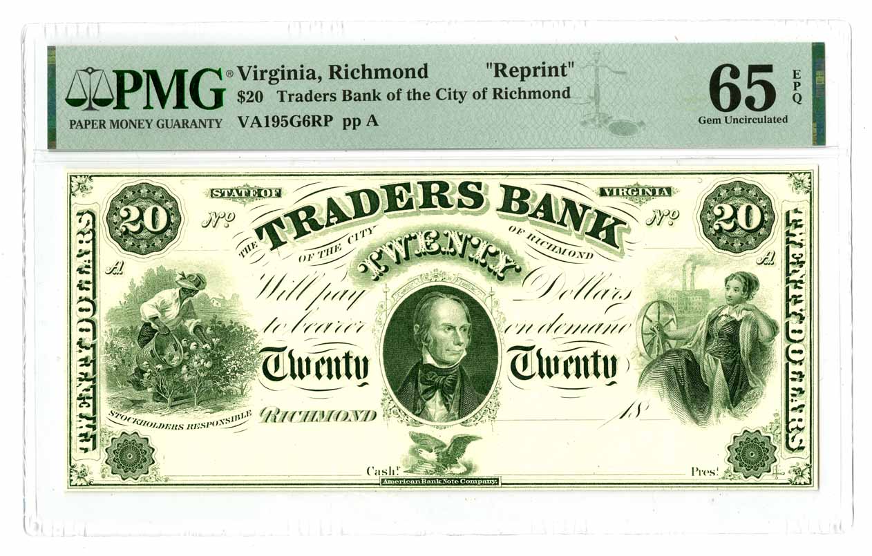Traders Bank of the City of Richmond, banconota obsoleta da 20 dollari a prova di proprietà. - Foto 1 di 2