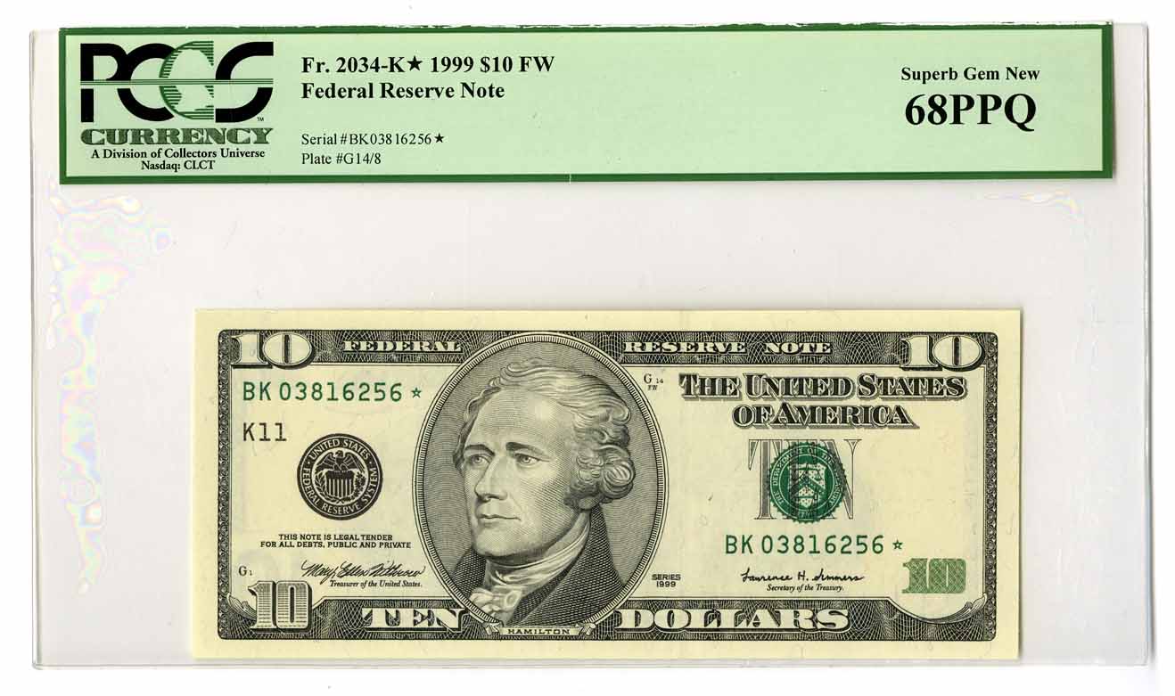 U.S., F.R.N., $10 FW, Series of 1999, Fr.#2034-K* Banknote, Sequential Notes